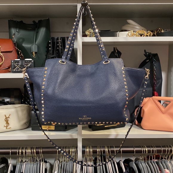 Medium Valentino Garavani Rockstud Tote Navy Grainy Leather RARE COLOR - Picture 2 of 16